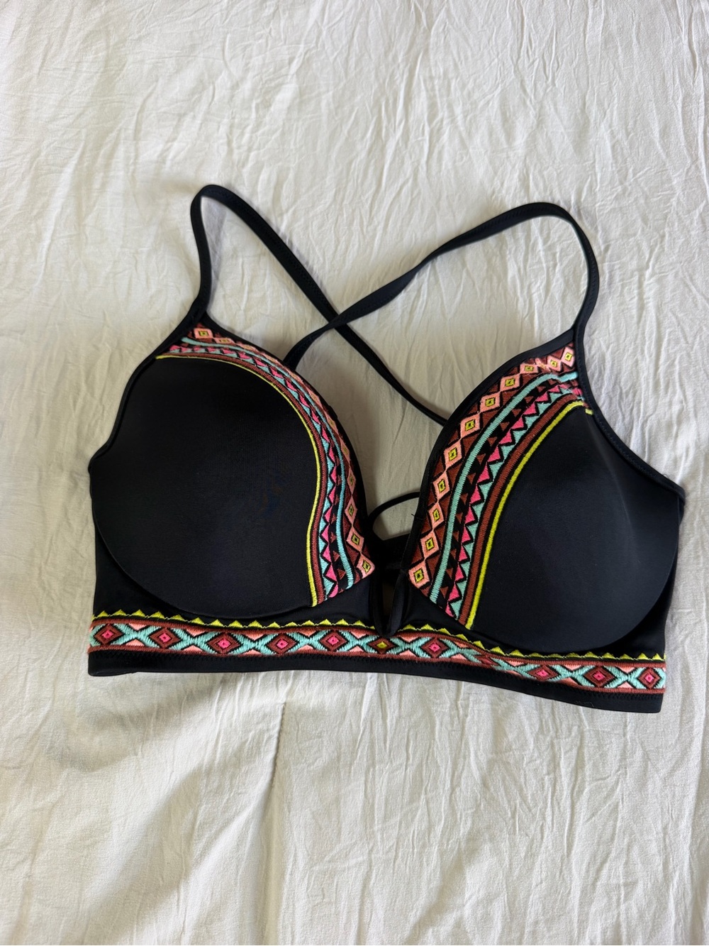 Shade & Shore Black Bra with Multicolor Embroidered Trim